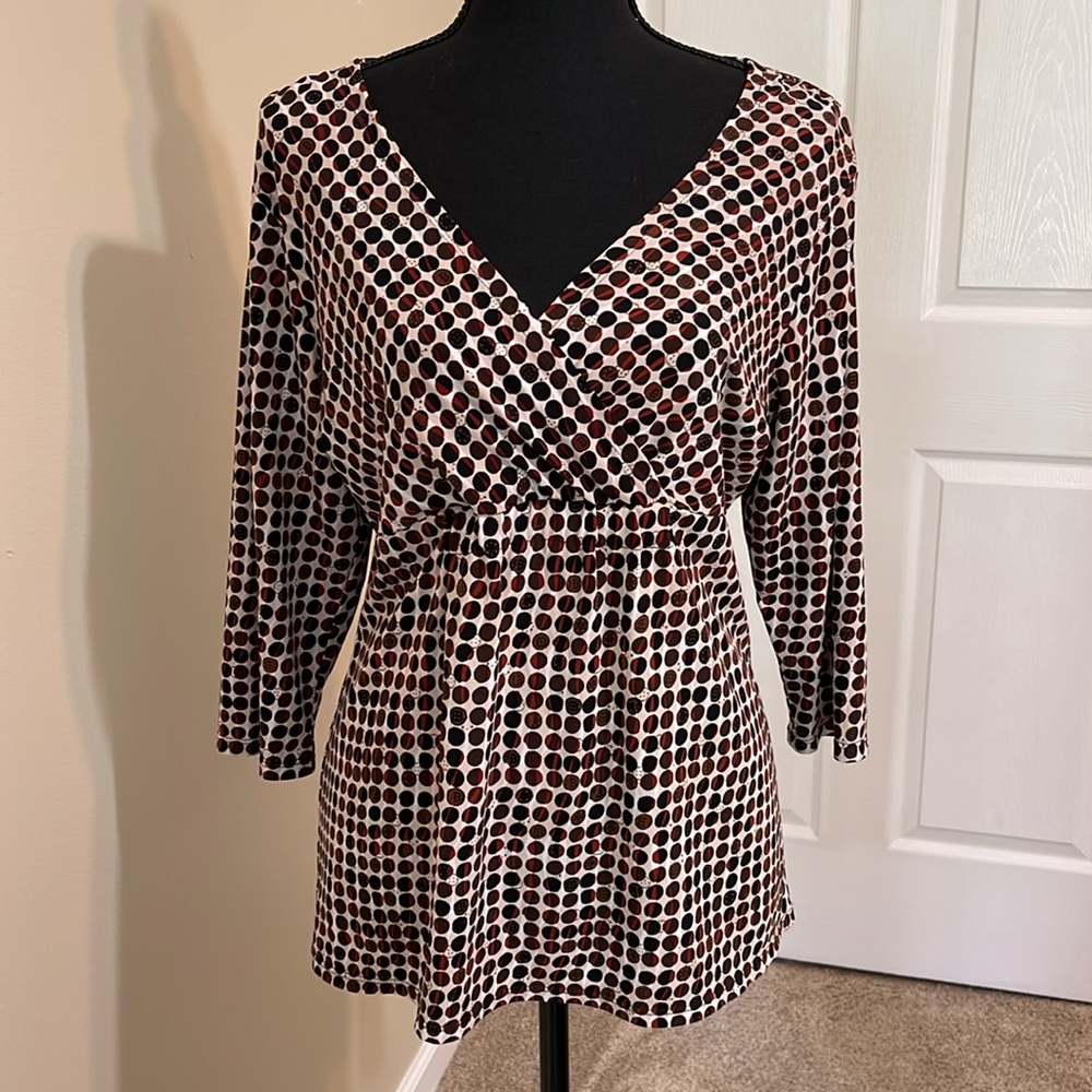 Alfani. Size PL. Blouse. Polka dots, tan, red and dark brownish black.